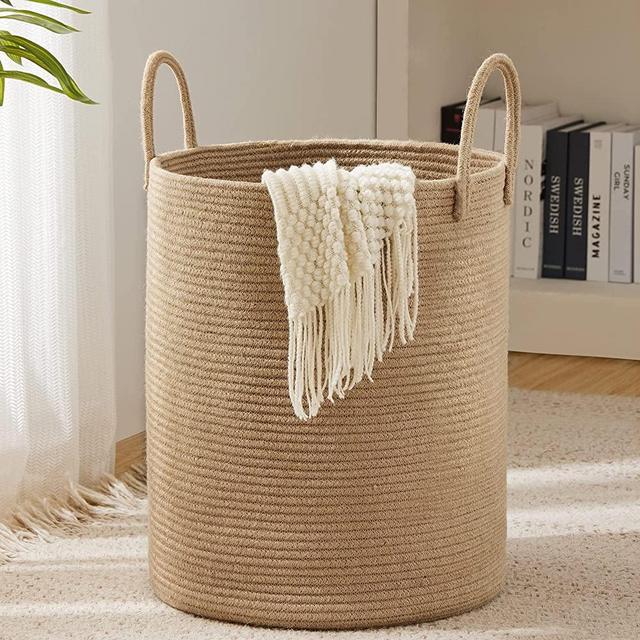 YOUDENOVA Jute Rope Woven Laundry Hamper Basket, 58L Tall Luandry Basket, Baby Nursery Hamper for Blanket Storage, Clothes Hamper for Laundry in Bedroom-Large-Jute