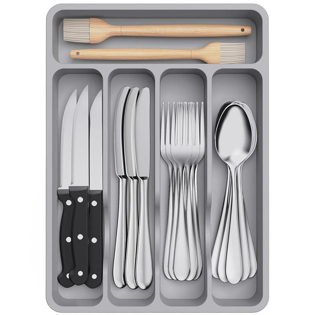 Lifewit Silverware Drawer Organizer Tray, Plastic Cutlery Storage for Kitchen Drawer, Flatware and Utensil Holder Divider for Spoons Forks Knives Tableware, 5 Compartment, Gray