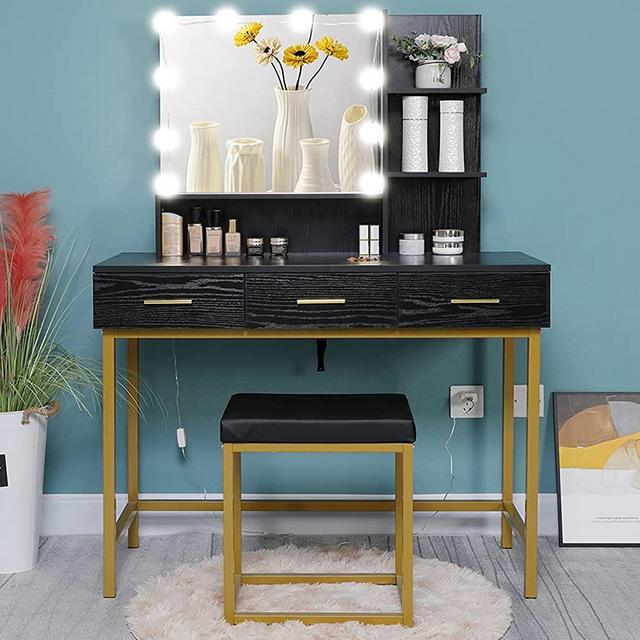 Iwell Large Vanity Set with 10 LEDs Lighted Mirror, Vanity Table with 3 Drawers & 2 Shelves, Makeup Table with Padded Cushioned Stool, Vanity Dressing Table, Gift for Women Girls, Bedroom, Black
