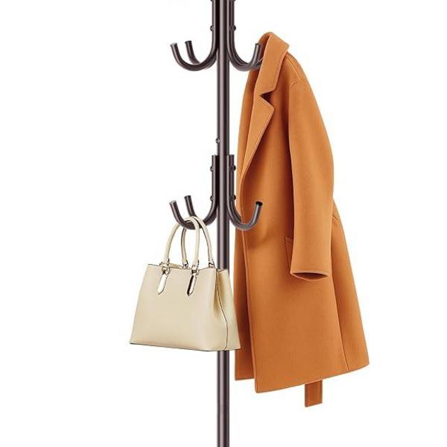MISSLO Heavy Duty Coat Rack Freestanding with Stable Wood Base Modern Brown Coat Tree with 12 Hooks Adjustable Coats Hanger Stand Stylish Standing Clothes Tree for Entryway Bedroom Corner Hall