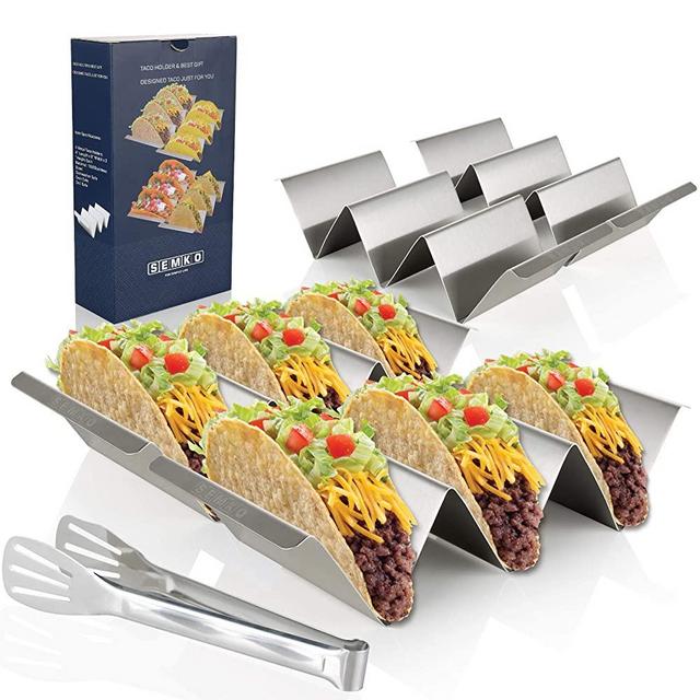 Taco Holder Stands, Set of 4 - Stainless Steel Taco Tray with Built-in Handle, Bonus Stainless Steel Clip - 4’’ x 8’’ Safe for Oven, Dishwasher,Gift-ready Package for Party and Home Enjoying Time