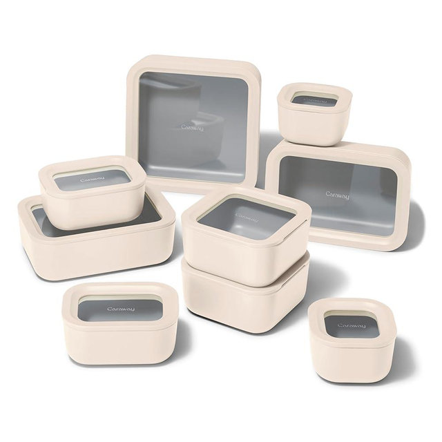 Caraway 25pc Glass Food Storage Set - Glass Storage Containers for Food - Non-Toxic Ceramic-Coated Glass - Air Release Technology - Compact & Stackable Design - Cream