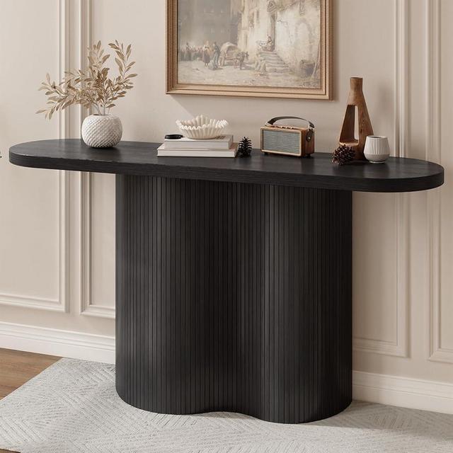 ONBRILL 57-Inch Fluted Long Entryway Table, Tambour Waterfall Design Console Table Behind Couch, Modern Wood Accent Sofa Table for Entrance, Hallway, Living Room, Black
