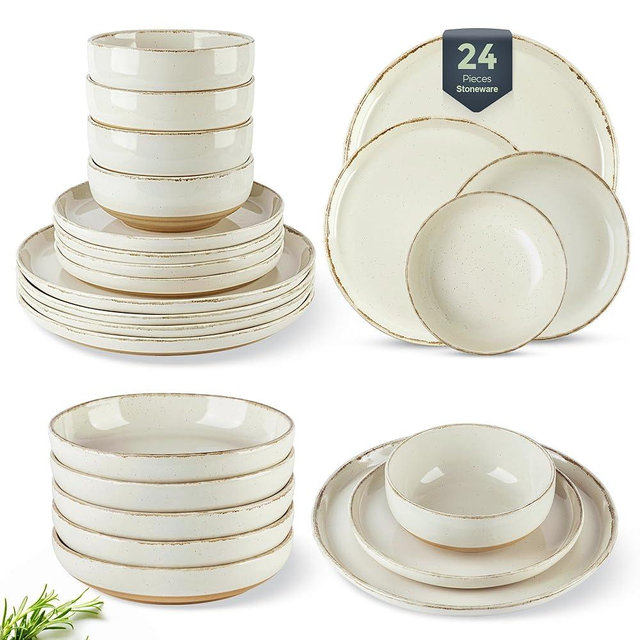 AmorArc 24 Pieces Ceramic Dinnerware Sets for 6, Handpainted Plates and Bowls Set with Rustic Terracotta Underside, Scratch Resistant Stoneware Dishes Set, Dishwasher & Microwave Safe, Light Beige