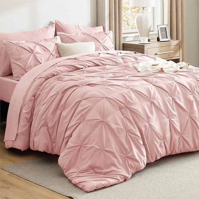 Bedsure King Size Comforter Set Pink - Bed in a Bag Bedding Set 7 Pieces, GentleSoft™ Pintuck Bed Set Gift for Family, Pinch Pleat Pink Comforter with Sheets, Pillowcases & Shams