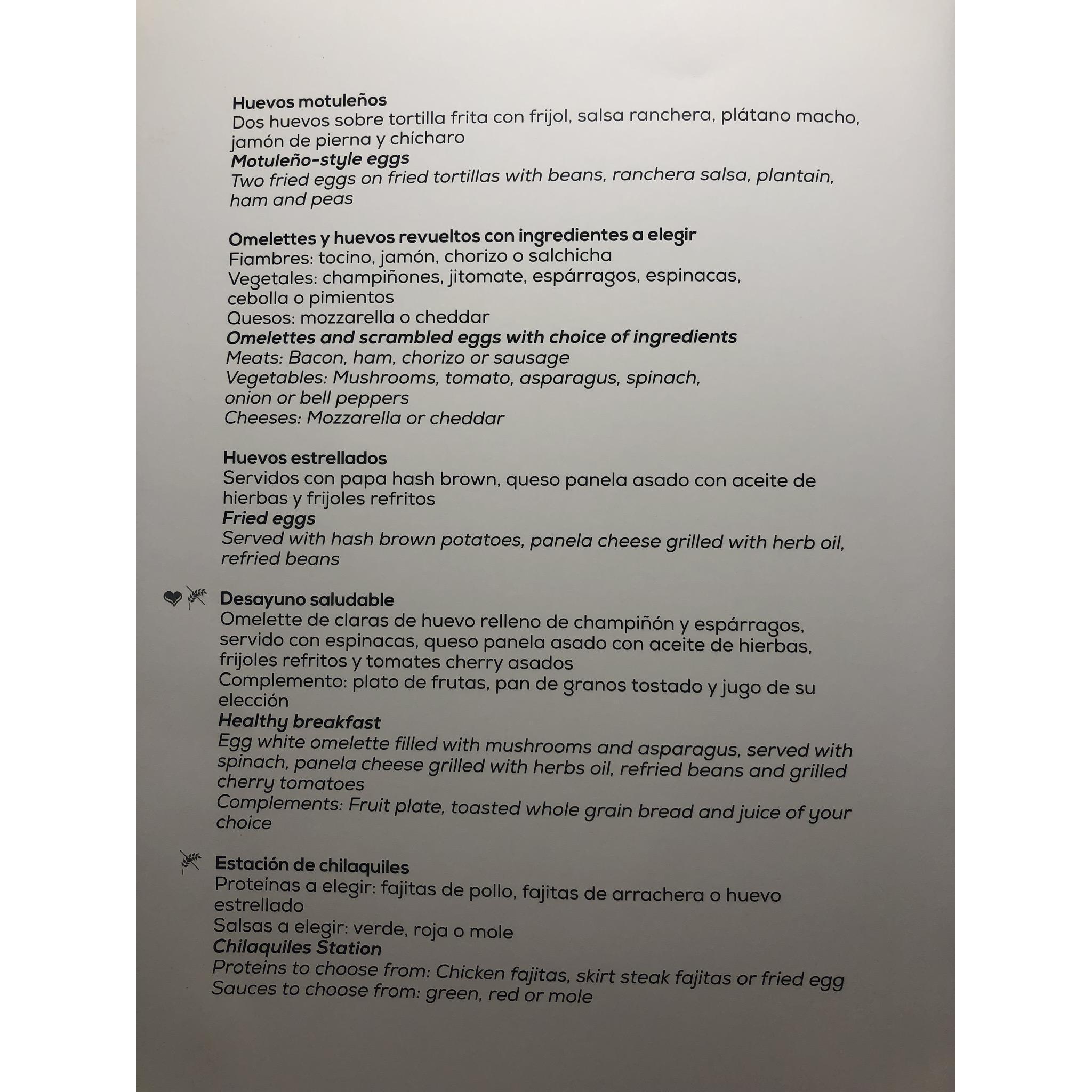 Breakfast room service menu