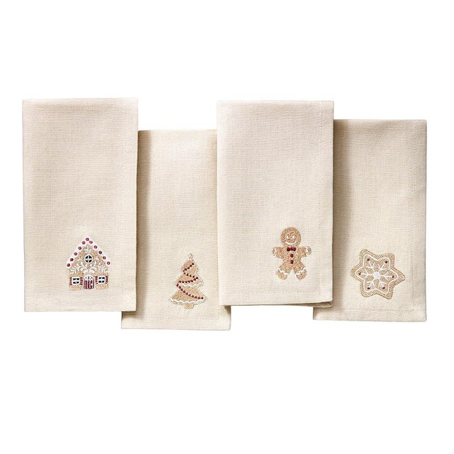 Elrene Home Fashions Gingerbread Bliss Holiday Embroidered Christmas Cotton Napkins, Set of 4