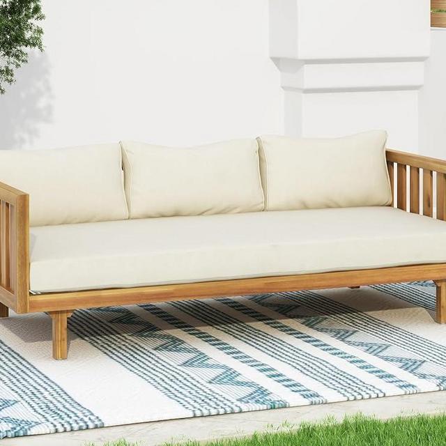 Merax Outdoor 3 Seater Daybed, Acacia Wood Day Bed Couch Sofa with Cushions for Patio Backyard, Garden, Beige