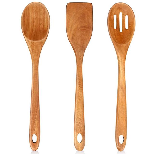 3 Pcs 14" Long Wooden Cooking Utensils Set Mixing Spoon Slotted Spoon Wok Spatula Turner Best Wood Spoons Fish Spatula for Serving Kitchen Spoons