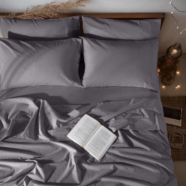 LBRO2M 100% Linen Sheet Set Full Size, Bed Sheets 6 Piece Sets,Solid Color Natural Flax Bed Sheets Soft Breathable Bedding,16" Deep Pocket,All Season (Full, Dark Grey)