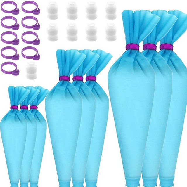 GEMLON Reusable Piping Bags Silicone Pastry Bags, Large Cake Decorating Bags Icing Piping Bags, Baking Supplies Cake Decorating Tools Kit with 3 Sizes (12”+14”+16”) Frosting Bags, 9 Couplers & 9 Ties