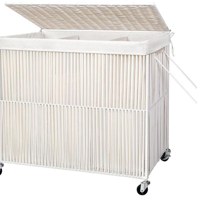 WOWLIVE Laundry Hamper with Wheels, 150L Handwoven Rolling Laundry Basket 3 Section with Lid, Clothes Hamper with Removable Liner Bag, Large Capacity Laundry Sorter Laundry Room Organization, White