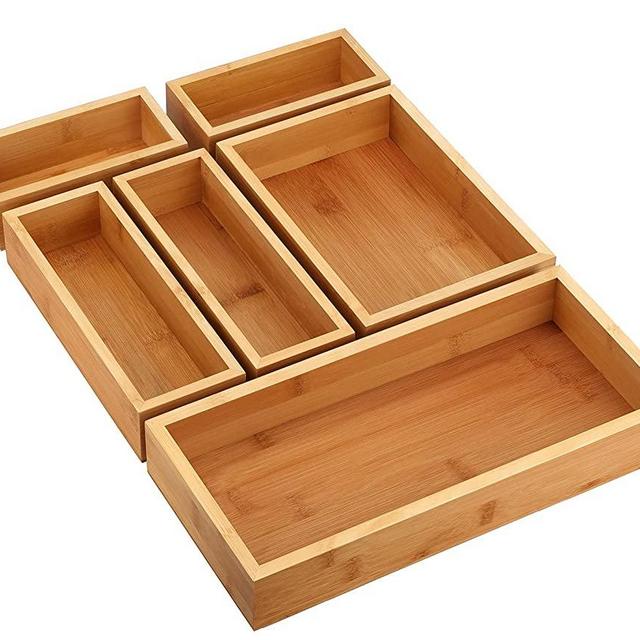 MaxGear Drawer Organizer 100% Natural Bamboo Drawer Organizer 6-Pieces Stackable Wood Kitchen Drawer Organizer Multi-use Desk Drawer Organizer with Various Sizes for Office, Kitchen, Bedroom, Bathroom, 18 x 15 x 1.9 inch