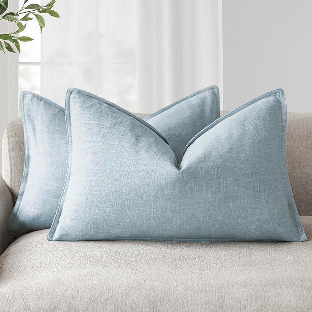 Foindtower Pack of 2, Decorative Linen Soild Throw Pillow Covers Soft Accent Lumbar Cushion Case Boho Farmhouse Pillowcase for Chair Couch Sofa Bedroom Living Room Home Decor 12 x 20 Inch Sky Blue