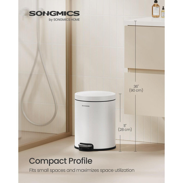 1.6 Gallon Bathroom Trash Can, Small Stainless Steel Garbage Bin with Soft-Close Lid & Pedal, Inner Bucket for Toilet Bedroom, Cloud White