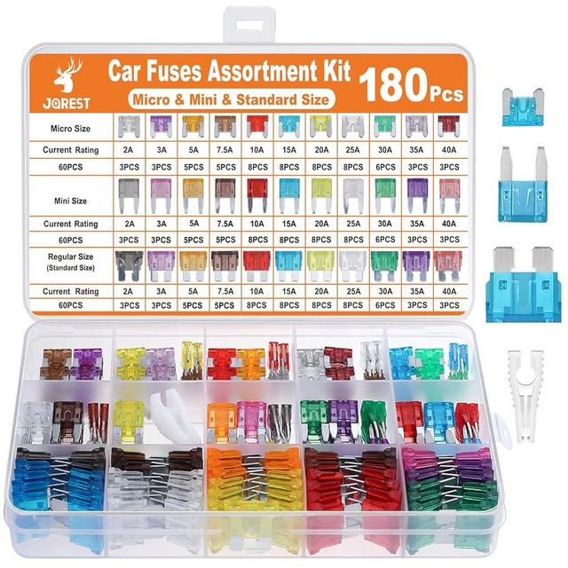 JOREST 180Pcs Car Fuses Assorted Kit, 60 Mini Blade Car Fuse + 60 Standard Fuse Automotive + 60 Micro Fuse + Fuse Puller –11 Specifications Mixed Auto Fuse: 2Amp 3A 5A 7.5A 10A 15A 20A 25A 30A 35A 40A