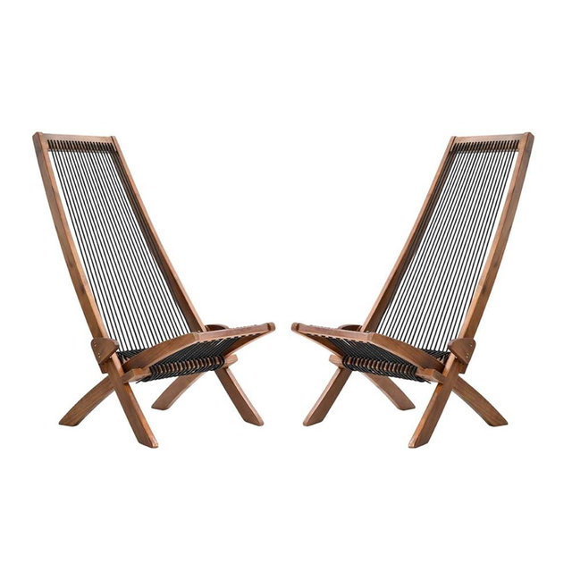 Folding Wooden Outdoor Lounge Chair Low Profile Acacia Wood Lounge Chair for The Patio Porch Deck Balcony Lawn Garden Wood Accent Furniture for Home (Set of 2)