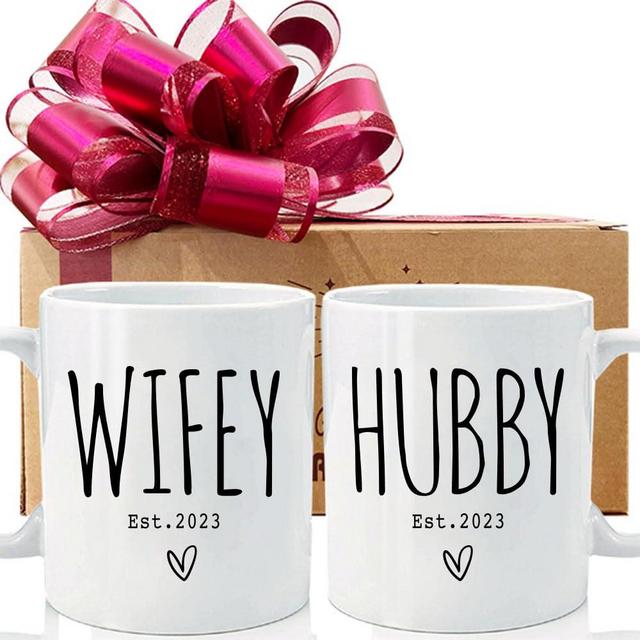 Veegoho Hubby & Wifey Est 2023 Mugs Set, Wedding Gift to Give Newlywed, Announcement to be Newlywed Mug Set, Wedding Engagement Anniversary Bridal Shower Couples Mugs Set Gift-7