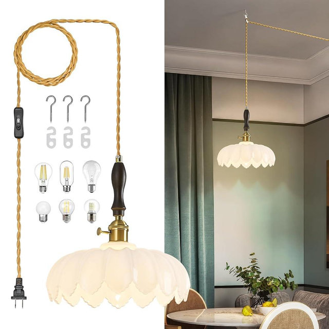 BBLLWJ Modern White Plug in Glass Pendant Light Retro Flower Glass Hanging Lamp Gold Brass Decorative Adjustable Ceiling Hanging Light Suitable for Kitchen Island Bedroom Dining Room Living Room