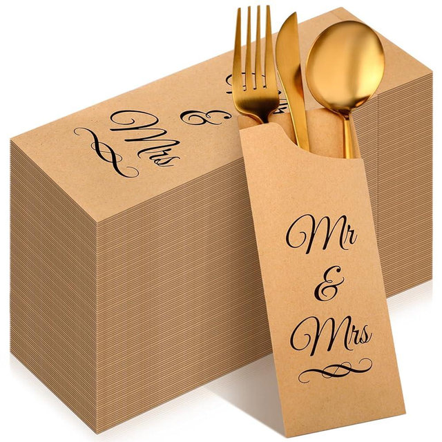 Cholemy 200 Pcs Mr and Mrs Paper Silverware Bags Wedding cutlery Sleeves Kraft Utensils Bag for DIY Wedding Silverware Holder Pockets Cutlery Flatware Bags for Engagement Dinner Bride Shower Party