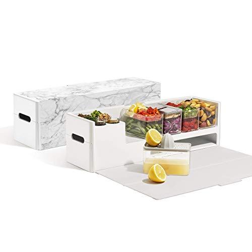 Prepdeck Meal Prep Station - Cutting Board with Prep Containers, 45 Plus Features in One Kitchen Organizer | BPA Free Tritan Plastic, Top Rack Dishwasher Safe (Glacier White)