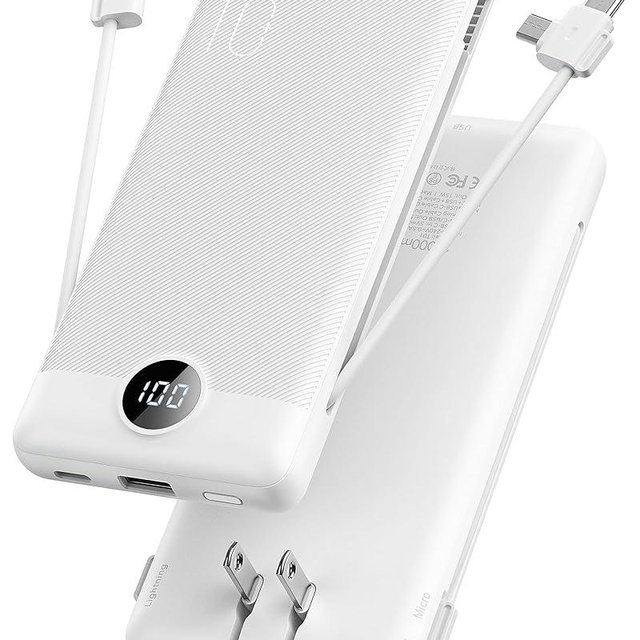VRURC Portable Charger with Cables and Wall Plug | Power Bank with Cords | 10000mAh Portable Charger with AC Plug | External Battery Pack (Pure White)