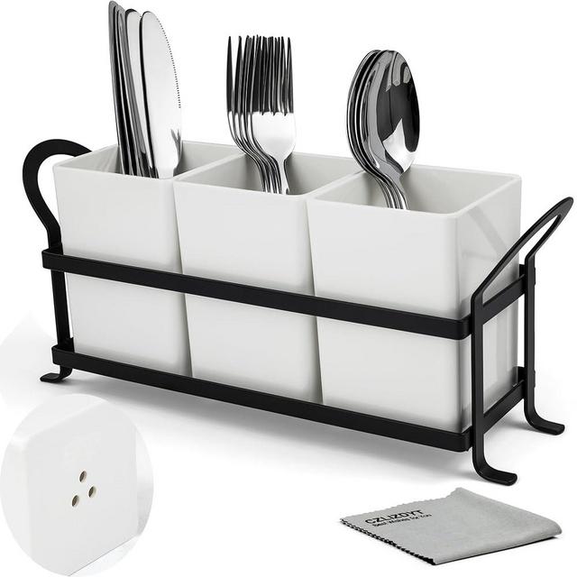 Czlizdyt Cutlery Holder with Drain Holes, Silverware Caddy for Party Countertop, 3pcs Bins Set Utensil Holders for Spoon and Fork, White