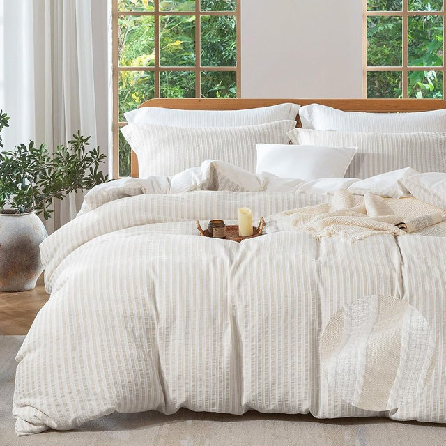 MILDLY Linen Grey Striped Duvet Cover - 100% Washed Cotton Boho Jacquard Textured Comforter Cover Set 3pcs with Dual Zipper Closure & 8 Corner Ties Soft & Lightweight for All Season 90"x90"