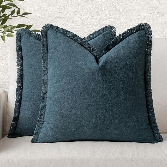 MIULEE Boho Farmhouse Pillow Covers Decorative Neutral Linen Throw Pillow Covers Set of 2 Navy Blue Cushion Covers with Fringe for Couch Sofa Bed Living Room Home Decor 24x24 Inch