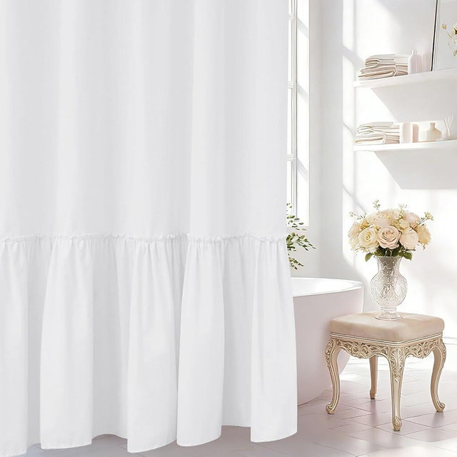 Seenus White Ruffle Shower Curtain with Waterproof TPU Backed, French Country Elegant Ruched Fabric Shower Curtain for Bathroom, 72 x 72 Inch Hotel Luxury Soft Microfiber Bath Decor Curtain Washable