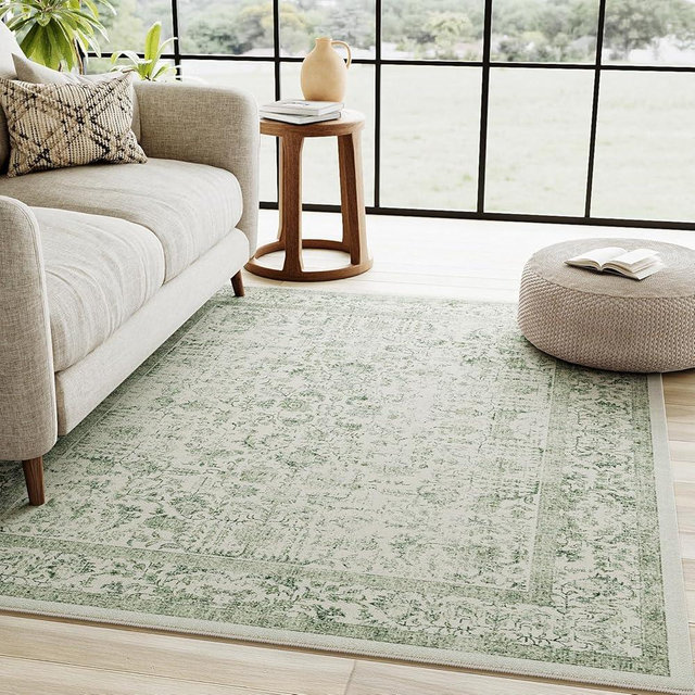 PureCozy Sage Green Area Rug 4x6 Washable Office Entryway Carpet Vintage Distressed Non Slip Kitchen Indoor Entry Neutral Low Pile Retro Floral Farmhouse Throw Mat for Laundry Dining Room Bedroom