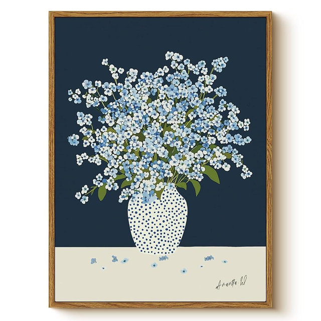 Vintage Framed Floral Wall Art 12x16, Blue White Baby’s Breath Flower in Polka Dot Vase Print, Minimalist Modern Nordic Botanical Canvas Artwork, Entryway Bedroom Kitchen Office Decor