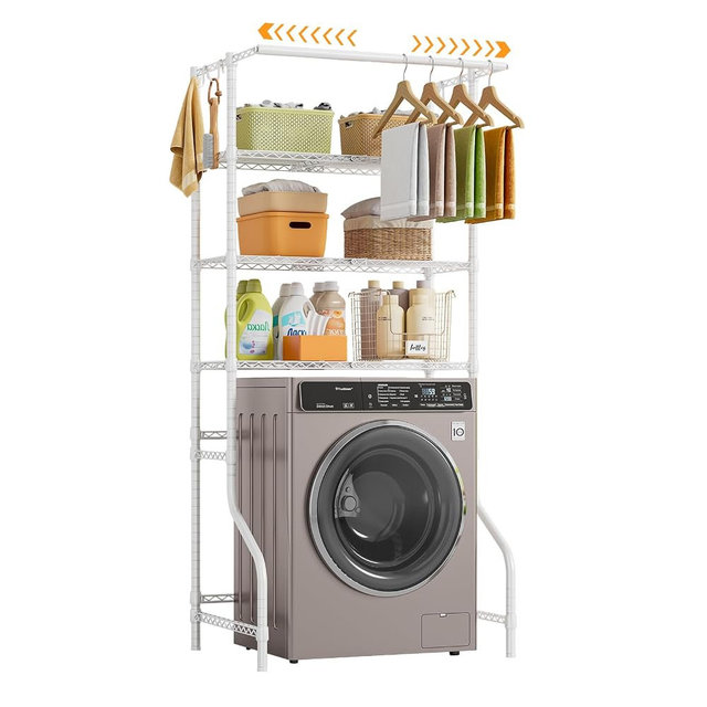 ONBRILL Expandable Over Washer and Dryer Shelves, 3 Tiers Laundry Room Organization and Storage with Hanger Rod, 4 Hooks, Adjustable Height Metal Freestanding Clothes Drying Rack, White