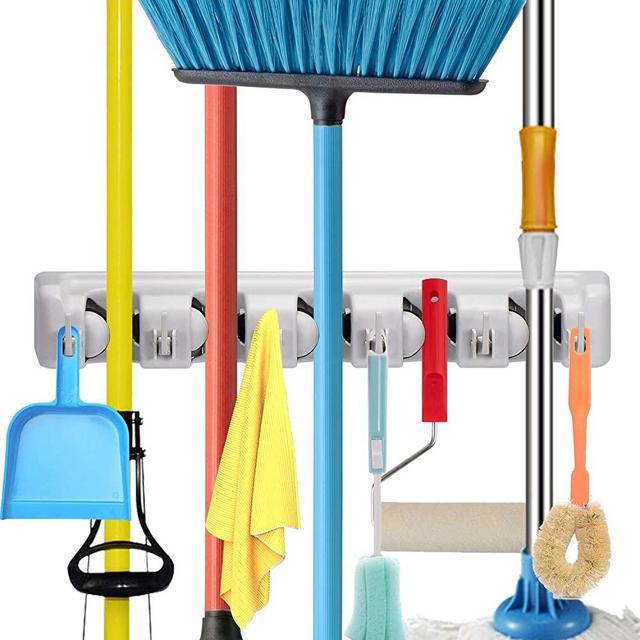 Champs Mop Broom Holder, Wall Mounted Commercial Organizer Storage Rack for Garden Tools, Kitchen, Garage and Laundry [5 Slots with 6 Hooks]