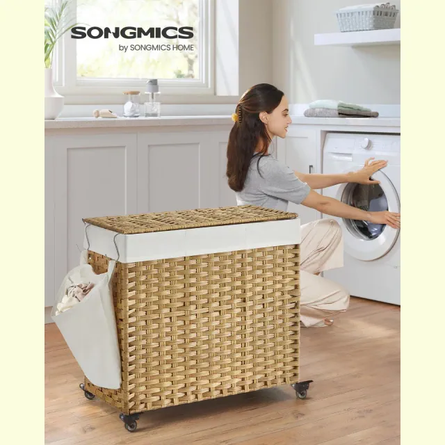 SONGMICS Laundry Hamper with Lid, 37 Gallons , Rolling Laundry Basket with Wheels, 3-Section Synthetic Rattan, Removable Liner, Natural