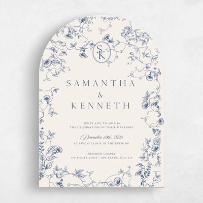 Blue Arch Wedding Invitation - Plumeria Portrait