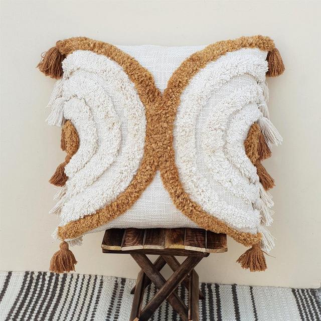 Cushion Cover 50x50 | 100% Cotton Tufted Textured Pillow Case | Mustard Yellow & Cream White Boho Pillow Cover | Decorative Tassel Pillows