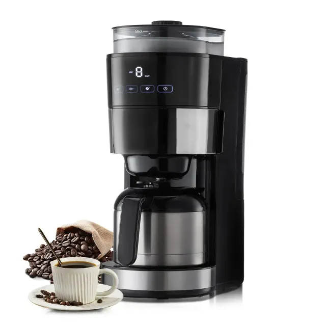 VEVOR Coffee Maker with Grinder, 8 Cup Programmable Coffee Machine, Grind and Brew Coffee Maker with 24-Hour Timer for Auto Brew, Reusable Filter