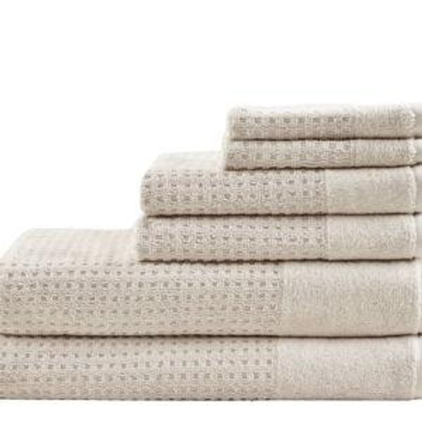 (Taupe) 6pc Spa Waffle Jacquard Cotton Bath Towel Set