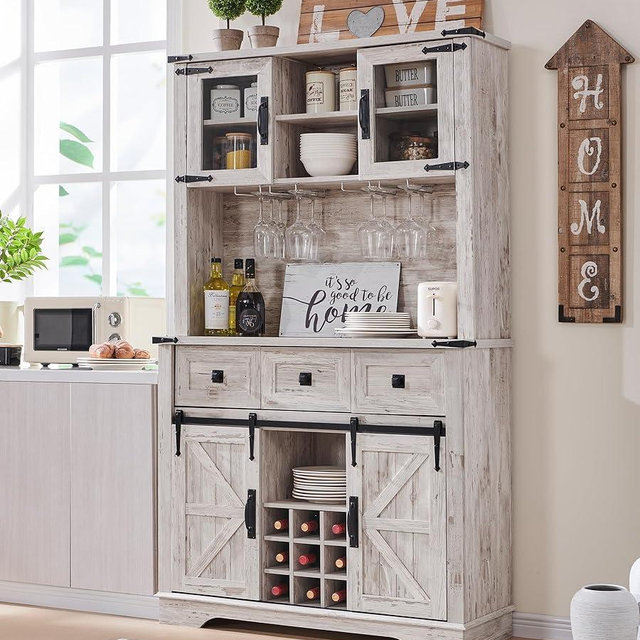 OKD 72" Farmhosue Bar Cabinet with Sliding Barn Door, Large Kitchen Buffet with Hutch w/Wine & Glasses Rack, 3 Drawers, 12 Storage Shelves, Rustic Coffee Bar Sideboard Table, Antique Brush White