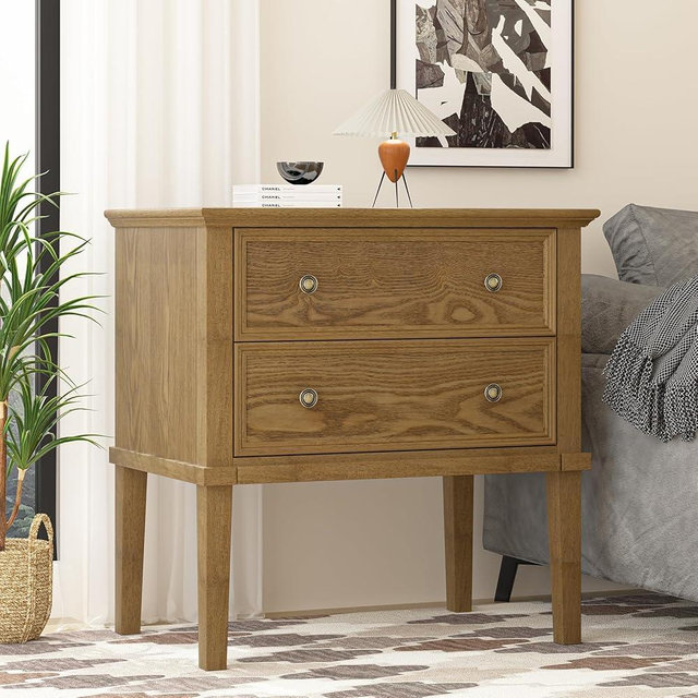 IKENO Solid Wood Nightstand with 2 Drawers, Practical Bed Side Table/Night Stand, End Table with 2 Drawers for Bedroom or Living Room (Teak)