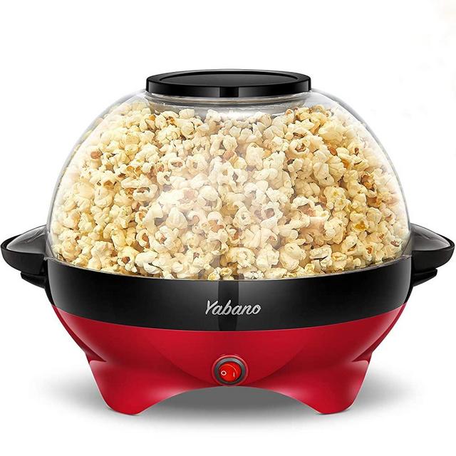 Popcorn Machine, 6-Quart Popcorn Popper maker, Nonstick Plate, Electric Stirring with Quick-Heat Technology, Cool Touch Handles, 2 in 1 Thicken Transparent Cover, Makes 24 Cups of Popcorn, Dishwasher Safe, 800W, Red, by Yabano