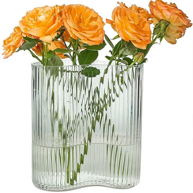 MOLIMAO Glass Vase for Centerpieces,Modern Large Vase for Flowers,Footprint Shape Striped Bottle for Home,Office Restaurant Desk Decor 8.3 Inch(Clear)
