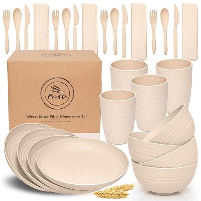 FOODLE Wheat Straw Dinnerware Sets - (28pcs) Lightweight & Unbreakable Dinnerware Set - Microwave and Dishwasher Safe - Eco friendly Plates, Cups, Bowls and Cutlery - Great for Kids & Adults - Beige