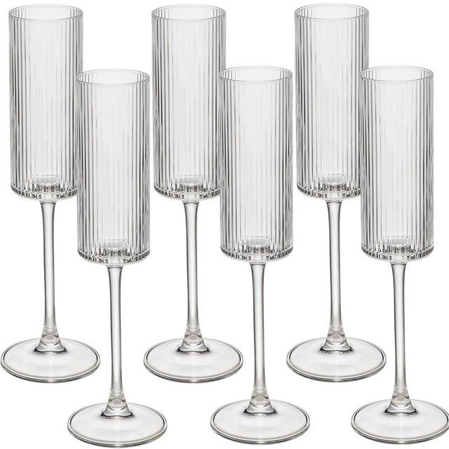 Champagne Flutes Set of 6,Vintage Ribbed Crystal Hand Blown 6 OZ Goblet Champagne Glasses Long Stem,Elegant Sparkling Wine Stemware Drinking Cocktail Unique Gift for Birthday, Wedding, Anniversary