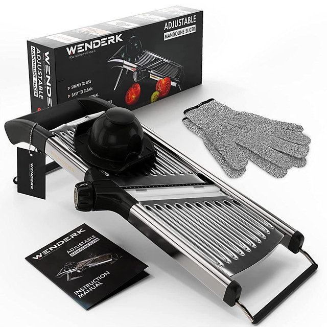 WENDERK Adjustable Stainless Steel Mandoline Food Slicer with Cut Resistant Gloves [Upgraded] - Professional Handheld Kitchen Mandolin Julienne Cutter for Slicing Vegetables Fruits Chips French Fry