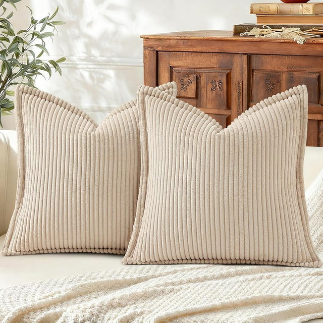 Mecatny Corduroy Throw Pillow Covers 22x22 Set of 2, Neutral Decorative Soft Boho Couch Pillow Covers with Broadside for Sofa Living Room, Beige