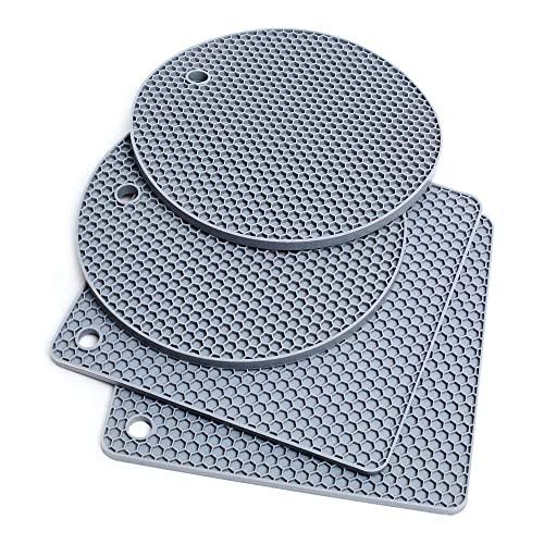 Extra Thick Silicone Trivet Mat Heat Resistant Pot Holders Hot Pads Multi-Purpose Table Placemats for Hot Dishes and Table - Kitchen Potholders for Jar Opener, Spoon Holder, Oven Mitts (4 Pack Gray)