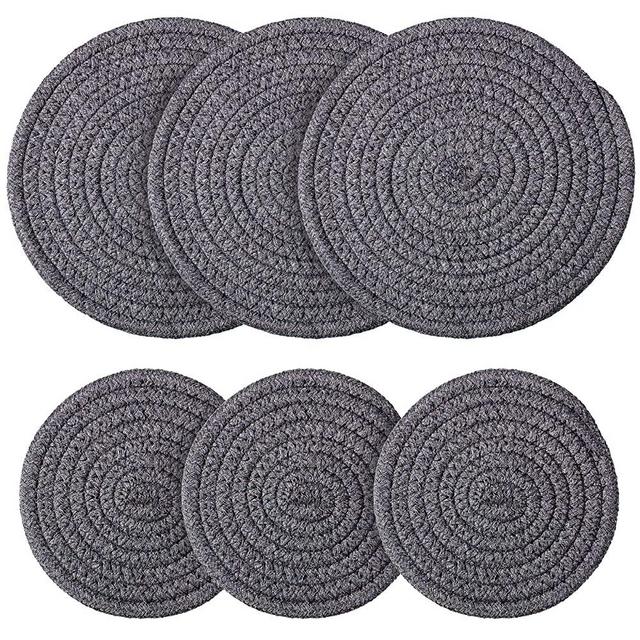 6 Pieces Pot Trivets Large Braided Woven Trivet Coaster, Thread Weave Cup Coaster Hot Pot Dish Trivet Pad Mat for Kitchen Cooking Supplies (7 Inch and 4.7 Inch, Dark Gray)