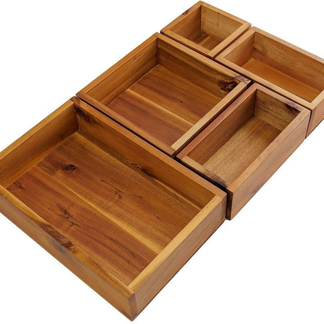Demigo Drawer Organizer Set of 5, Acacia Cabinet Container Box, Wood Bin Set in Varied Sizes, Dividers Holder for Storage Cooking Utensils Spices Tea Bags Foods Office Items